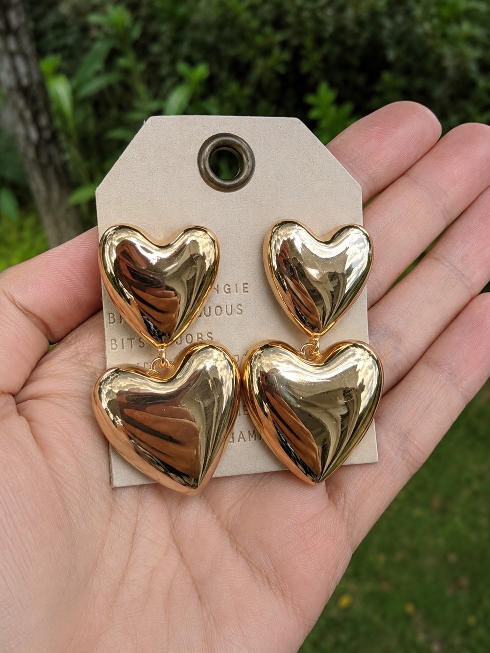 Anthropologie Gold Double Heart Drop Earrings | Chunky Statement Dangle